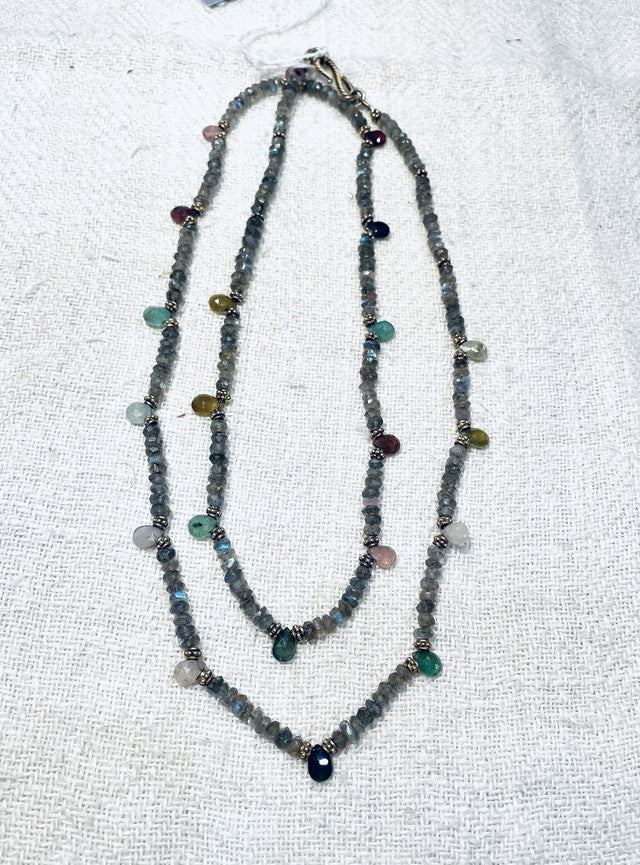 Tourmaline drops on Labradorite strand
