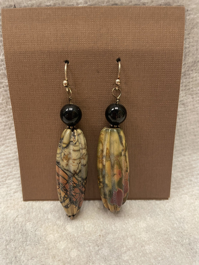 Onyx and Carved Red River Jasper Earrings