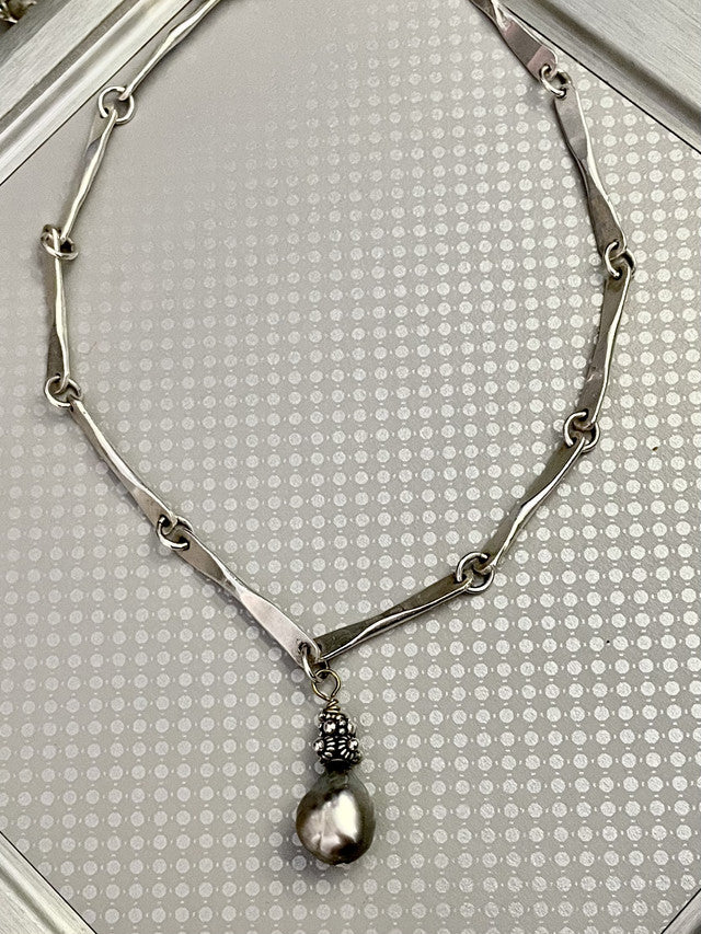 Handmade Silver Link with Tahitian Pearl Pendant